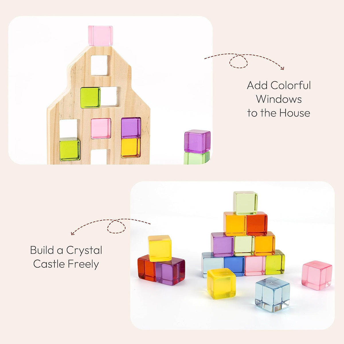 Woodtoe Wooden Building Blocks Set for Kids, 36 PCS Rainbow Acrylic Ge