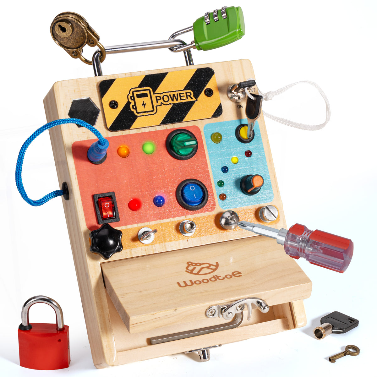 Woodtoe 3-in-1 Busy Board with Led Light Switch, Montessori Toddler Sc