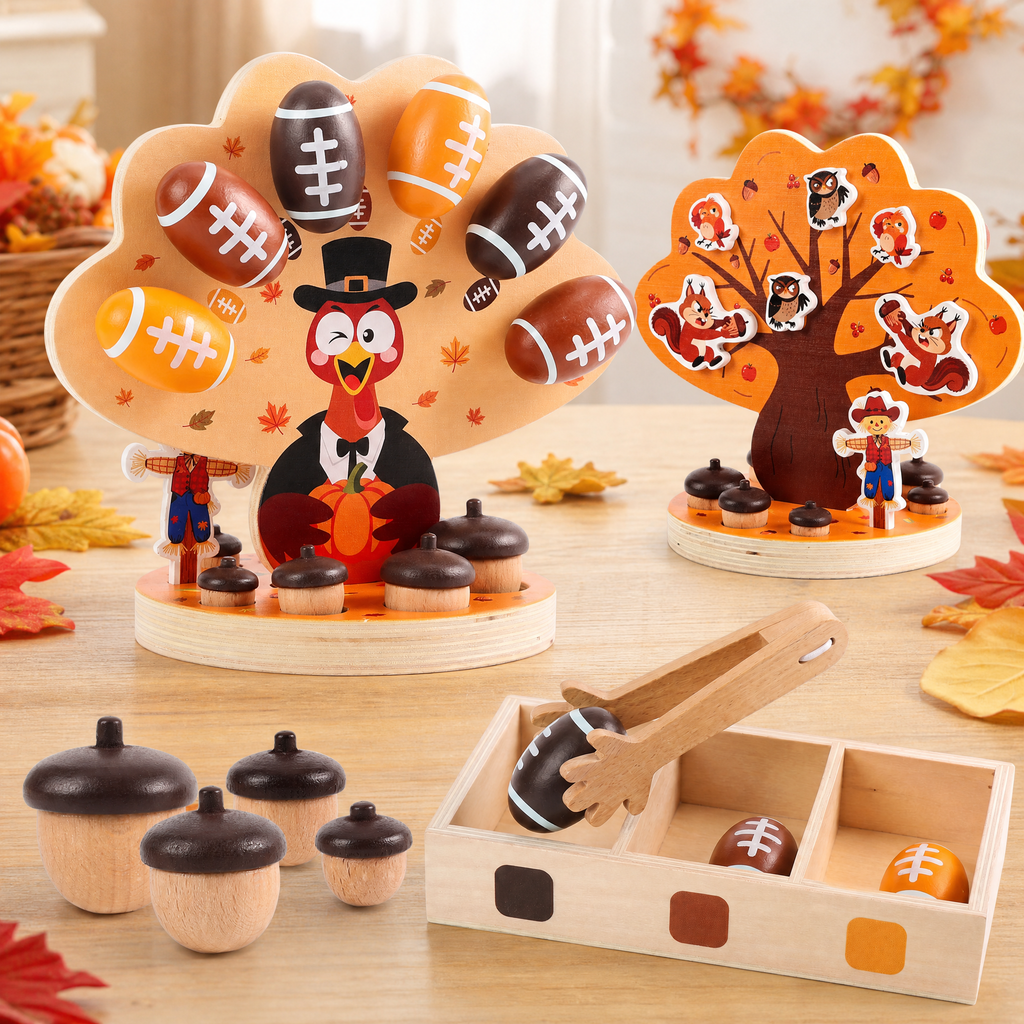 Woodtoe Montessori Toys for 3 4 5 Year Old, Fall Acorn Harvest Tree Toy, Turkey Design, Fall Autumn Magnetic Toys, Fine Motor Skill Sensory Toy, Educational Toy for Kids Boys Girls