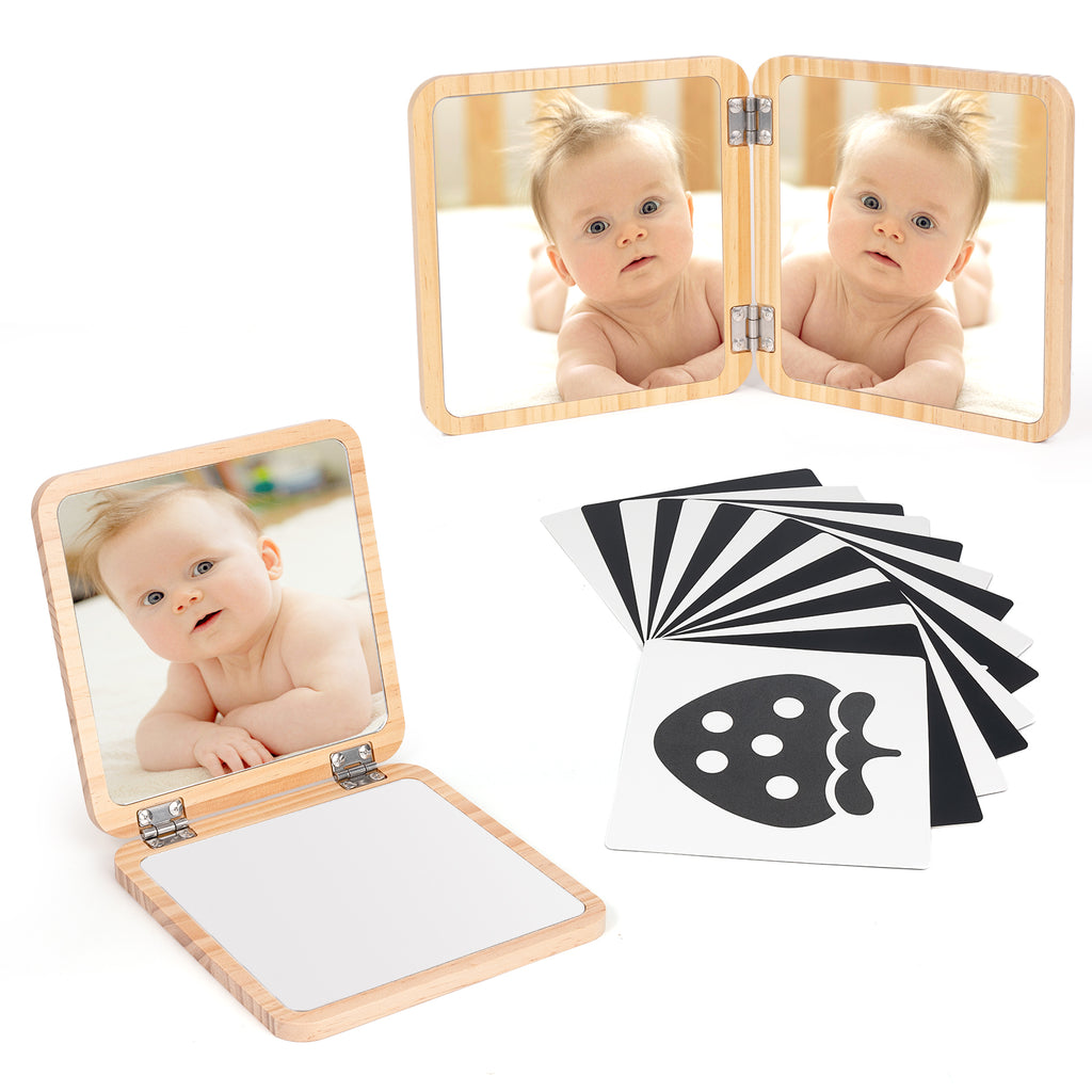 Woodtoe Tummy Time Mirror for Infant, 0-180° Adjustable Baby Mirrors with 15 Black and White Educational Cards, Shatterproof & Portable Baby Safe Mirror Toy, Developmental Baby Gift for 0-6 Months