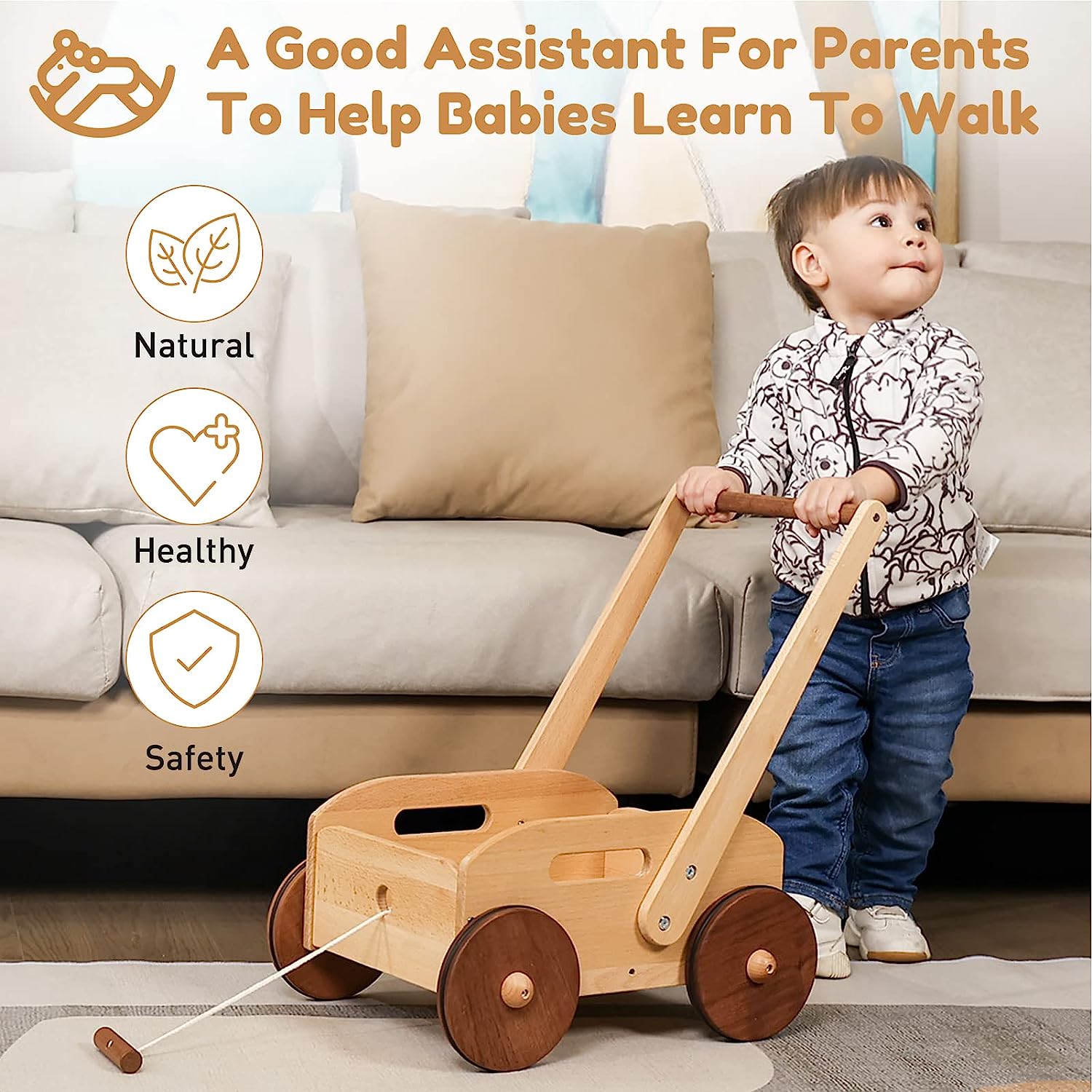 Fast Baby Walker Woodtoe Wooden Baby Walker, Adjustable Speed Push Toys for Babies Lear