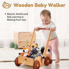 Woodtoe Wooden Baby Walker Adjustable Speed Anti Rollover Push Walker