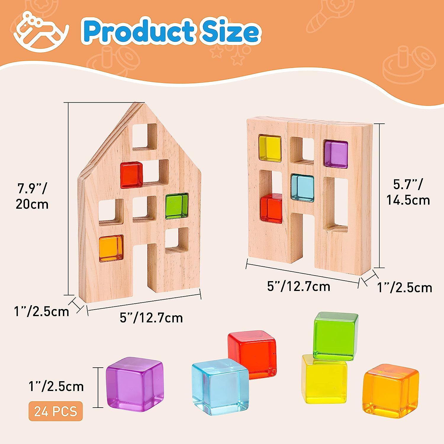 Woodtoe Wooden Building Blocks Set for Kids, 24 PCS Rainbow Gem Cubes