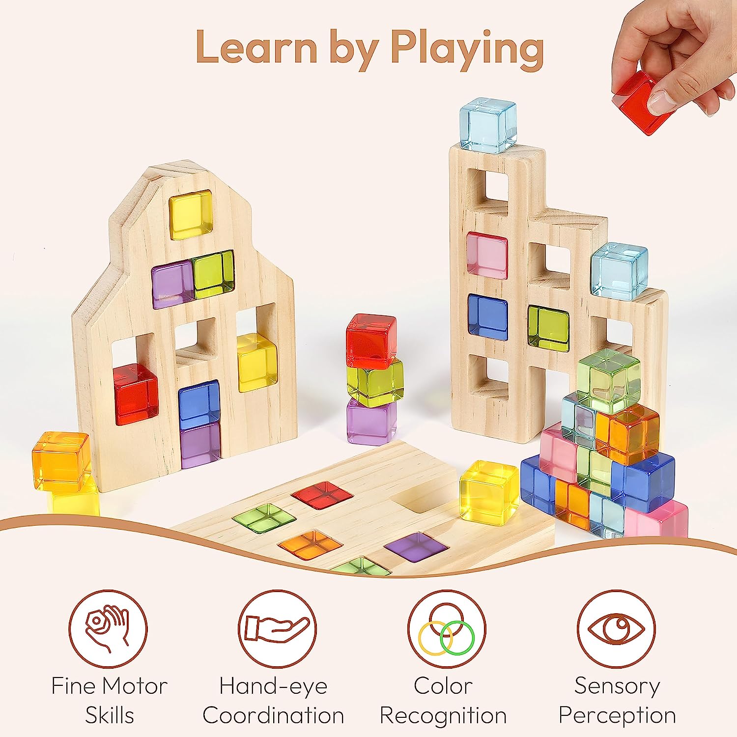 Woodtoe Wooden Building Blocks Set for Kids, 36 PCS Rainbow Acrylic Ge