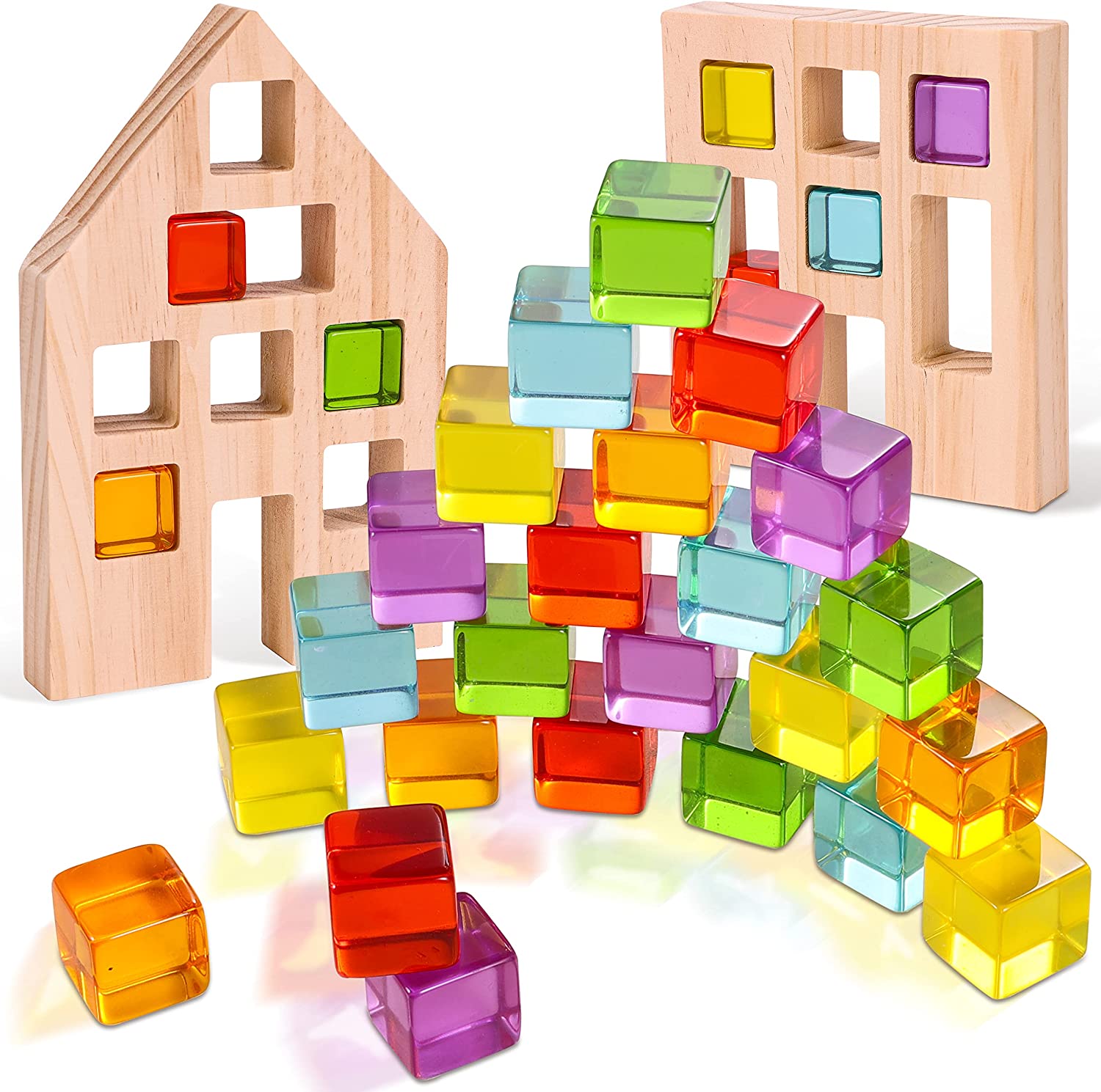 Woodtoe Wooden Building Blocks Set for Kids, 24 PCS Rainbow Gem Cubes