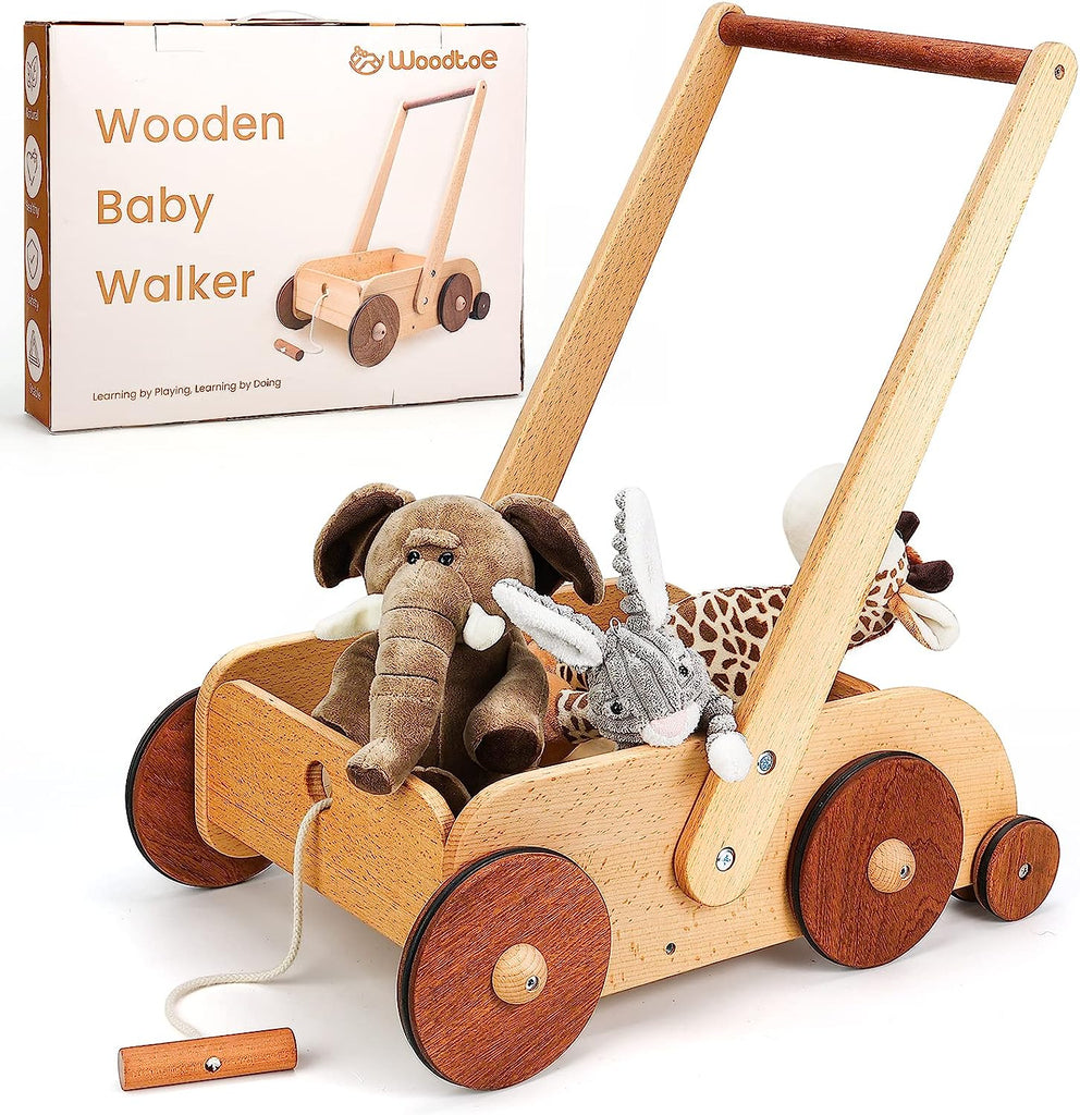 Woodtoe Wooden Baby Walker, Adjustable Speed Anti-Rollover Push Walker Toy for Babies Learning to Walk, Baby Walker Wagon Gift for Boy Girl 1 2 3 (Patent Protection)
