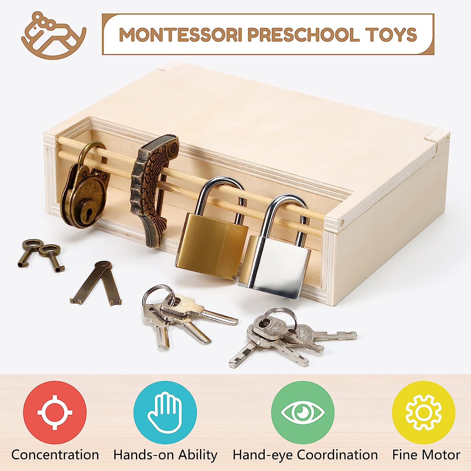 Key Locktoy Woodtoe 8 PCS Montessori Lock and Key Toy Set for Toddlers, Wooden Mon