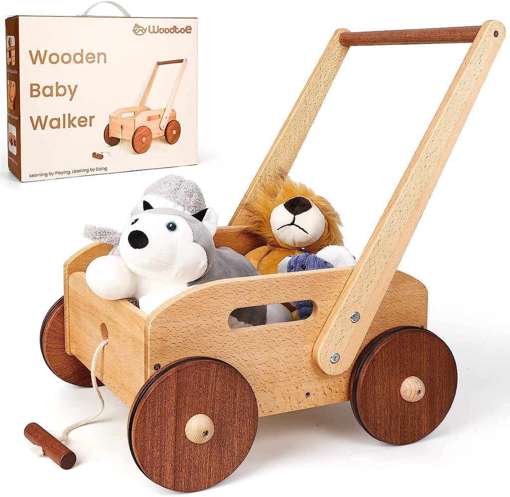Woodtoe Wooden Baby Walker, Adjustable Speed Push Toys for Babies Learning to Walk