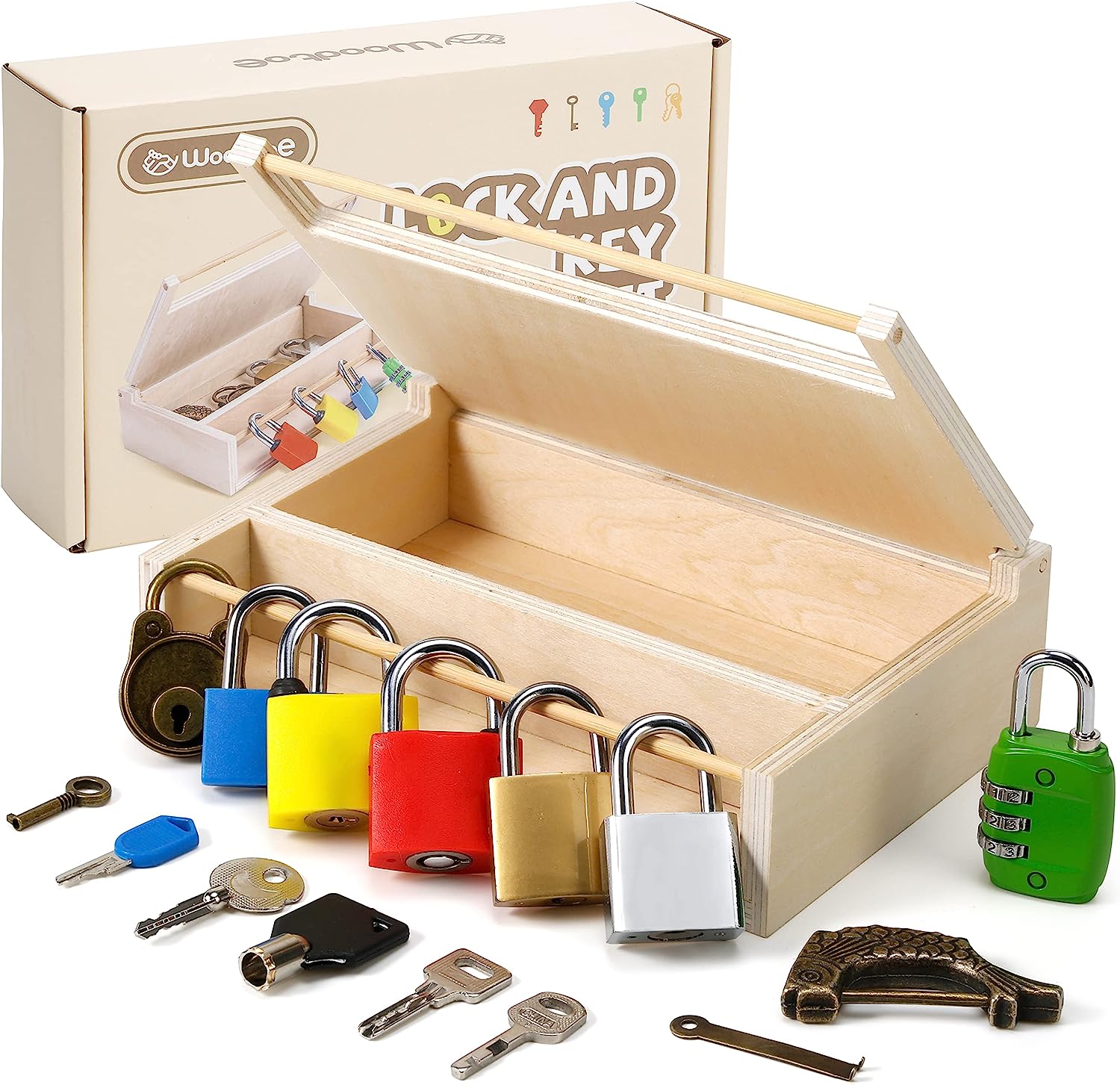 Woodtoe 8 PCS Montessori Lock and Key Toy Set for Toddlers, Wooden Mon