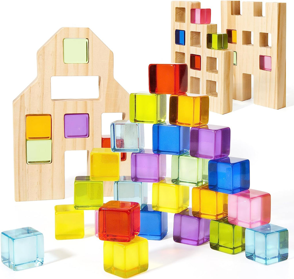 KOAICS 16PCS Acrylic Wooden Gem Blocks, Sparkling Acrylic Colorful StackingToys, Open Ended Play Montessori Educational Toys (16PCS Square Gem Blocks