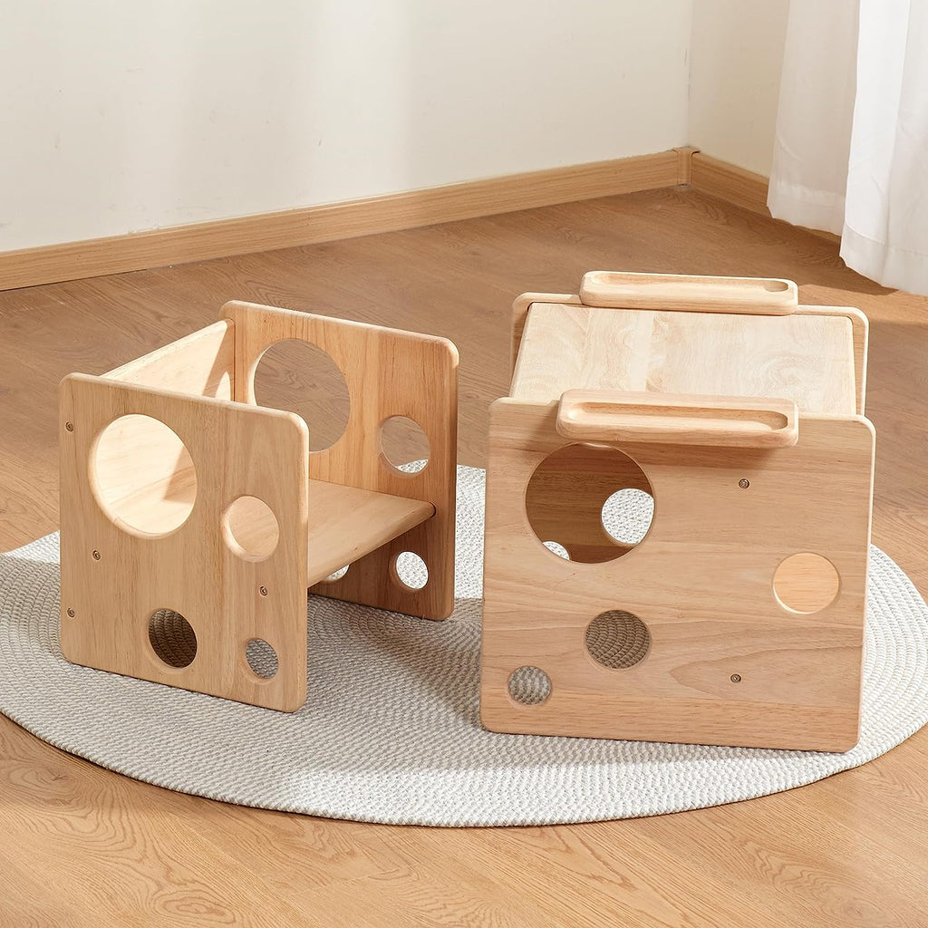 Woodtoe Montessori Weaning Table and Chair Set, Toddler Table and Chair Set, Natural Solid Wooden Kids Table Cube Chair Set, Montessori Furniture