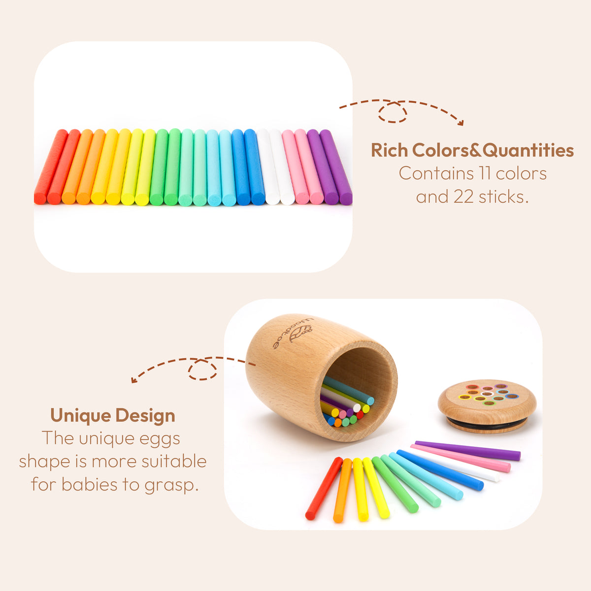 Woodtoe Montessori Color Sorting Toy, 11 Colors Montessori Sticks, Pre