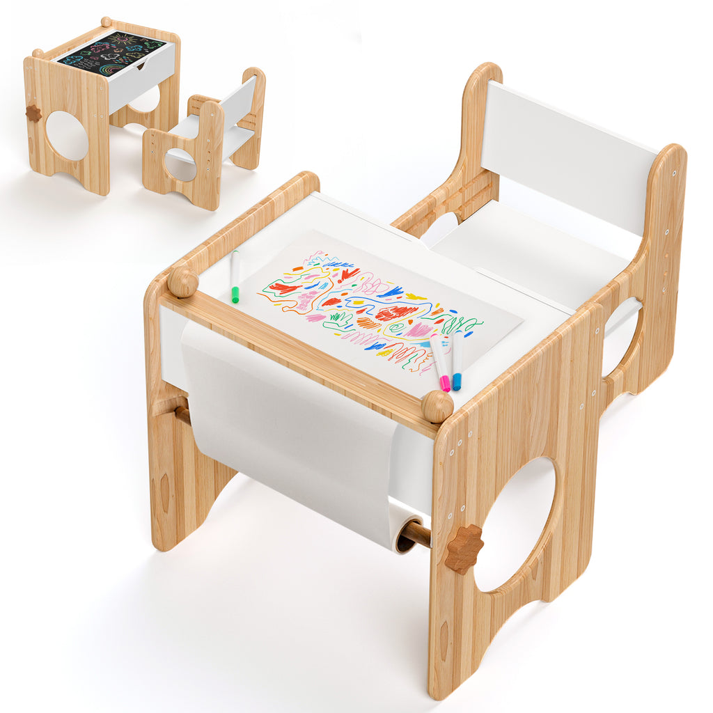 Woodtoe Toddler Table and Chair Set with Storage & Chalkboard, Montessori Weaning Table and Chair Set, Natural Solid Wood Activity Table Adjustable Chair for Kids, Nursery Furniture Kids Art Table