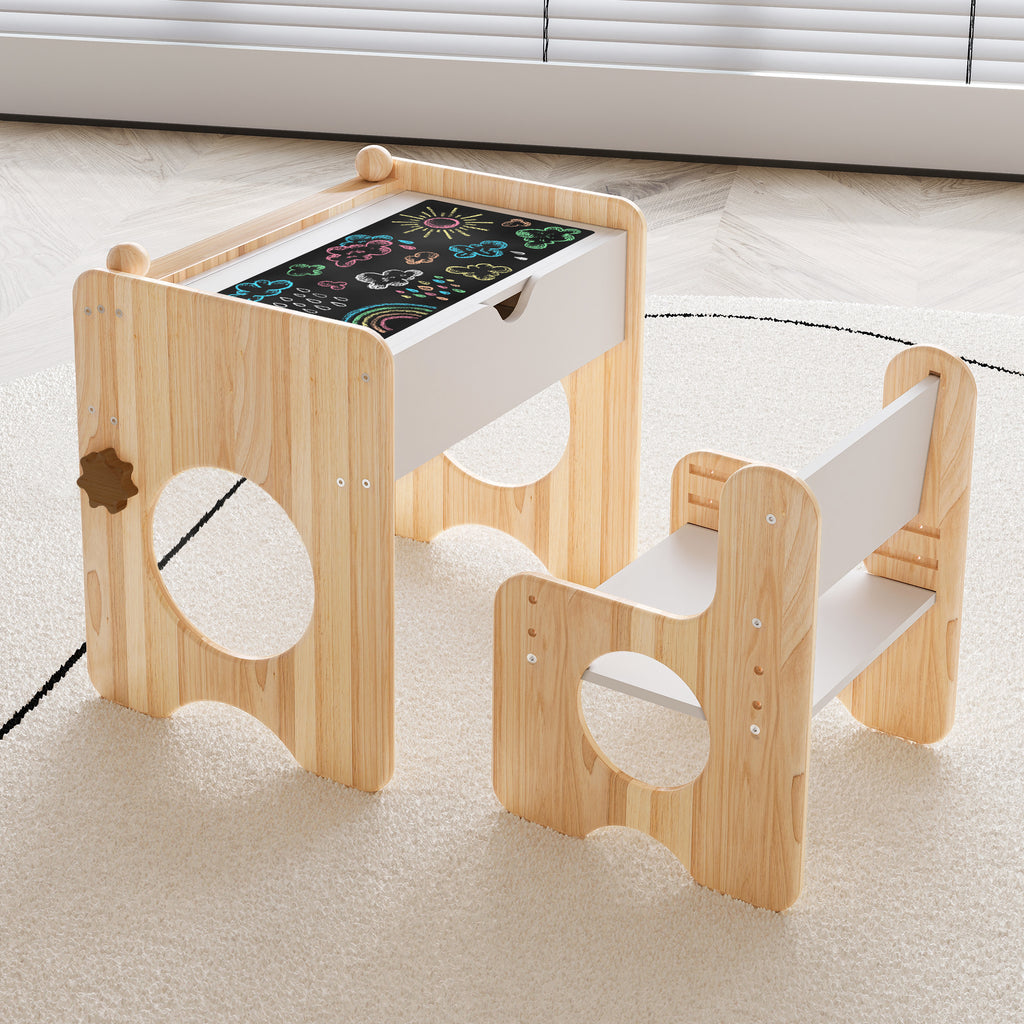 Woodtoe Toddler Table and Chair Set with Storage & Chalkboard, Montessori Weaning Table and Chair Set, Natural Solid Wood Activity Table Adjustable Chair for Kids, Nursery Furniture Kids Art Table