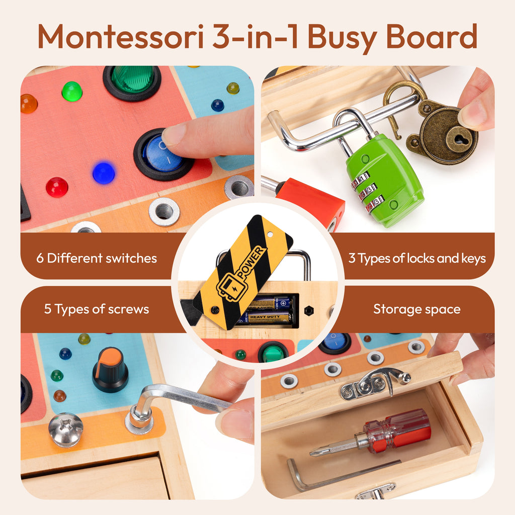 MONTESSORI BUSY BOARD avec panneau sensoriel à lumière LED pour enfants MONTESSORI BUSY BOARD avec panneau sensoriel à lumière LED pour enfants