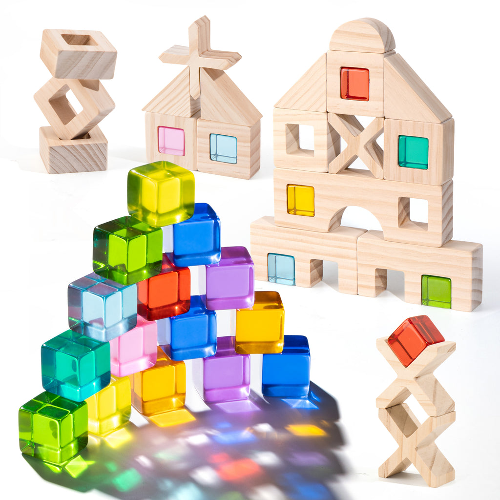 Woodtoe Wooden Rainbow Building Blocks Set for Kids | 22 PCS Wooden Blocks & 25 PCS Acrylic Gem Cubes Sensory Toys | Montessori Stacking Toys for Toddlers | Educational STEM Toys for Boys Girls 3-6