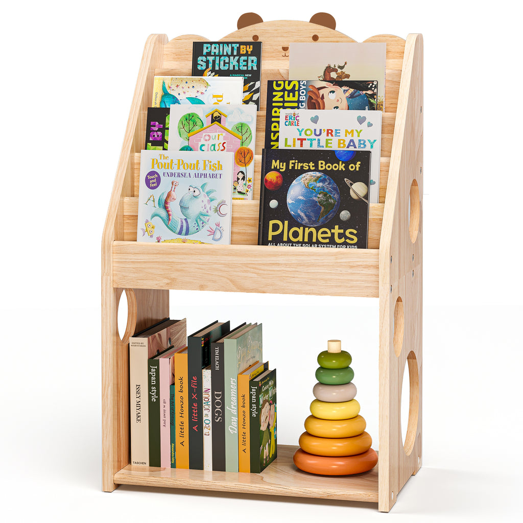 Woodtoe Montessori Bookshelf for Kids, Large Natural Wood Bookcase with Toy Storage & Chalkboard, Kids Magazine Rack Book Display Shelf, Classroom Bookshelf Toy Organizer for Boys Girls 1+