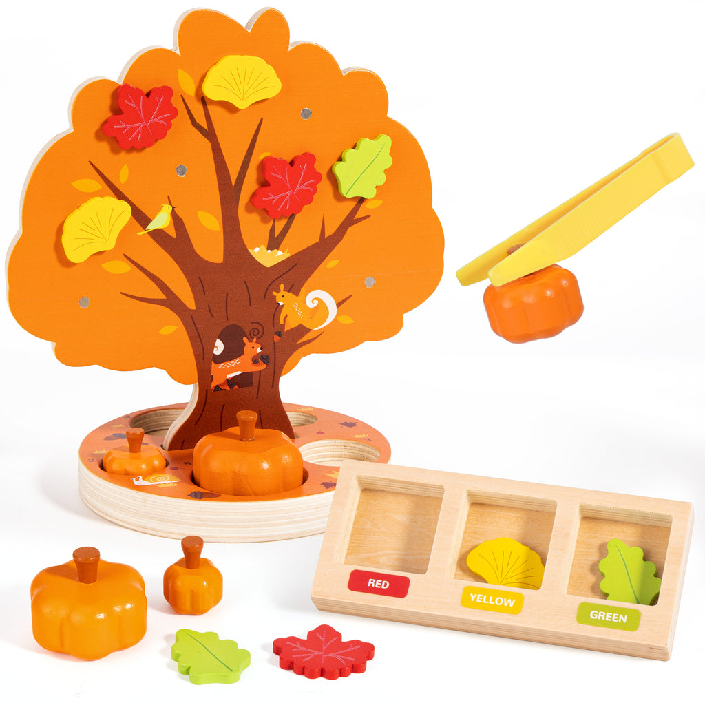 Woodtoe Montessori Toys for 3 4 5 6 Year Old, Pumpkin Picking Magnetic Leaves Tree Toy, Toddler Fine Motor Skill Toy, Wooden Sensory Color Sorting Toys, Fall Autumn Harvest Activities for Boys Girls