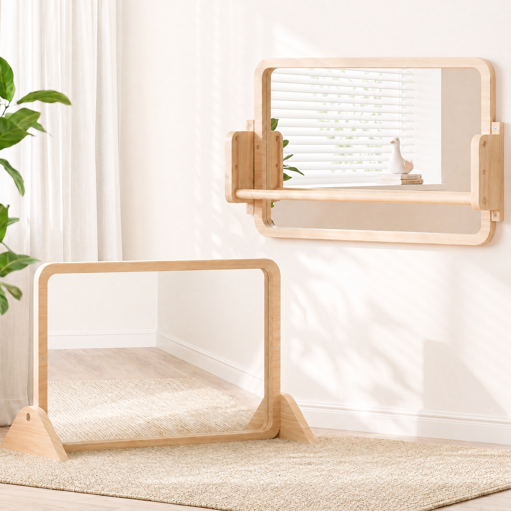 Woodtoe 3-in-1 Montessori Mirror with Bar, Adjustable Toddler Mirror & Pull Up Bar, Montessori Learning Toy for Baby 6-18 Months, Nursery Mirrors, Natural Wood Furniture for Daycare, Kids Classroom