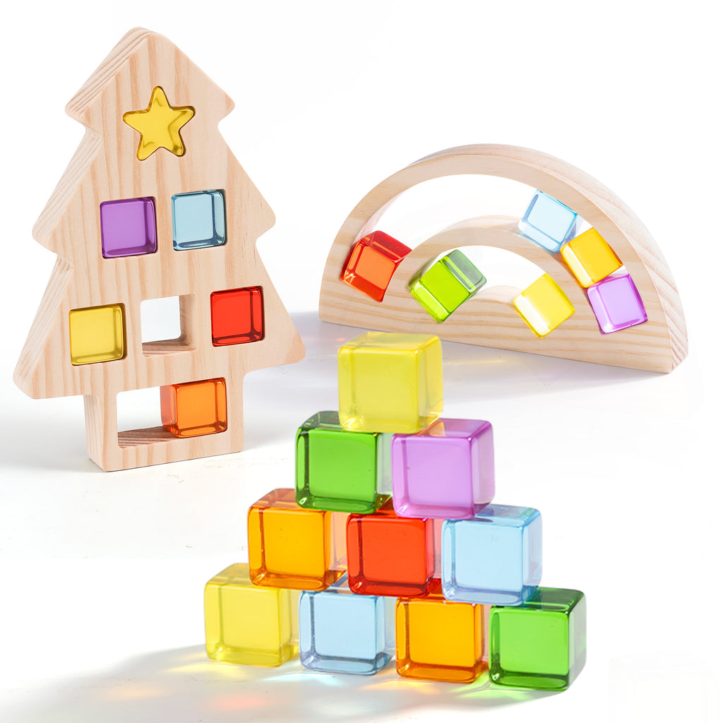 Woodtoe Wooden Building Blocks Set for Kids, Rainbow & Tree Shaped Wood Frame - 24 PCS Rainbow Gem Cubes Stacking Blocks, Montessori Stacking Toy for Toddlers, Early Learning Gifts for Boys Girls 3-6