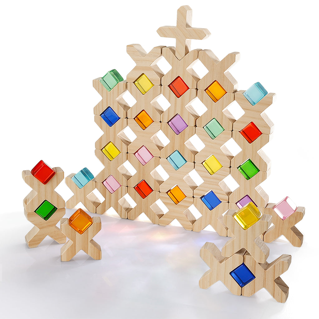 Woodtoe Wooden Building Blocks for Kids, 48 PCS Rainbow Acrylic Gem Cubes Blocks - 32 Wooden Blocks, Montessori Stacking Toy for Toddlers, Educational STEM Learning Sensory Toy Gifts for Boy Girl 3-6