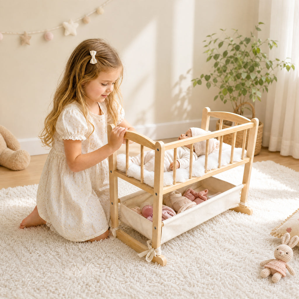 Woodtoe 2-in-1 Wooden Baby Doll Crib with Storage Basket, Fits to 20" Dolls, Baby Doll Cradle Bed with Padded Mat for Pretend Play Nursery, Baby Doll Bassinet Furniture for Kids Girls Boys Ages 3-6