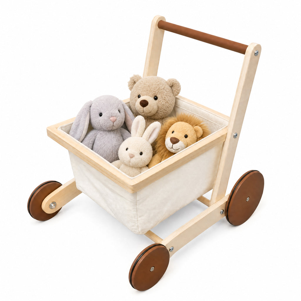 Woodtoe Wooden Baby Walker, Baby Push and Pull Learning Walker for Boy Girl, Sit to Stand Baby Doll Stroller, Stable Large Rear Wheels, Removable Storage Bag, Montessori Baby Push Toy for 1 2 3 Year Old