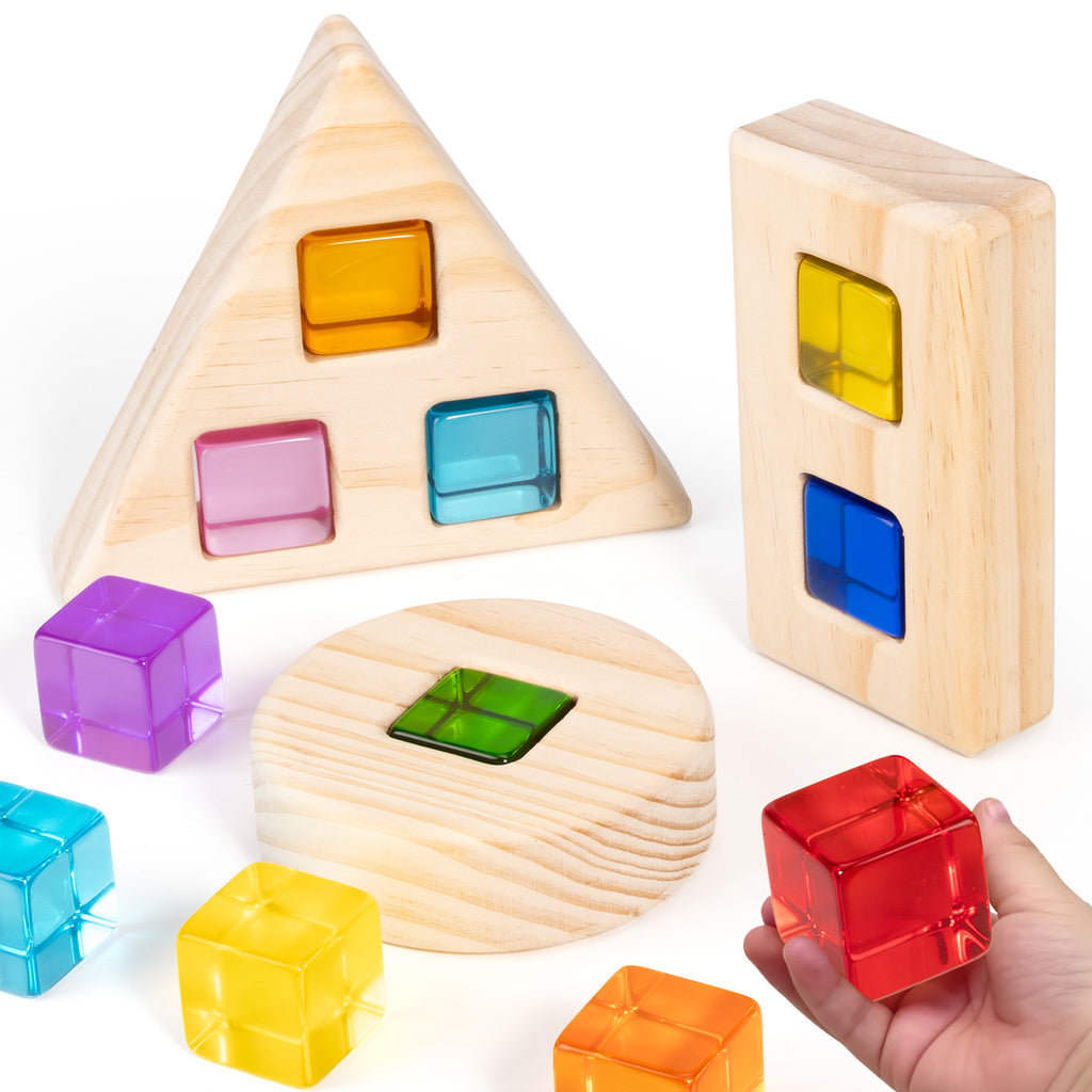 Woodtoe Large Rainbow Building Blocks for Toddlers 1-3, 16 PCS Jumbo Gem Blocks & 3 Wooden Shapes, Montessori Toys for 1 2 3 Year Old Boy Girl, Acrylic Stacking Toy Set, 1 2 Year Old Birthday Gifts