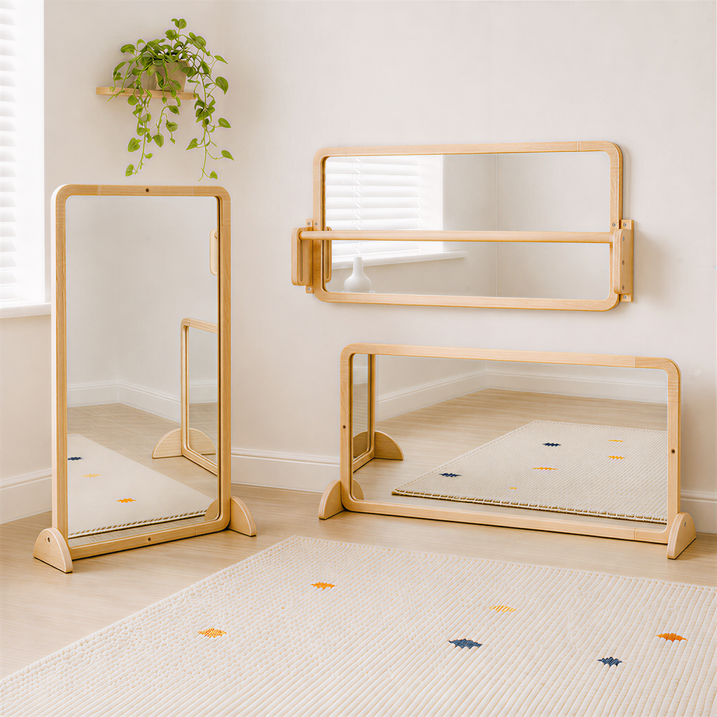 Woodtoe 4-in-1 Montessori Mirror with Bar, Adjustable Tummy Time Floor Mirror, Baby Pull to Stand Toy, Natural Unpainted Solid Wood Frame, Baby Pull Up Bar, Developmental Toys for Nursery (Large Size)