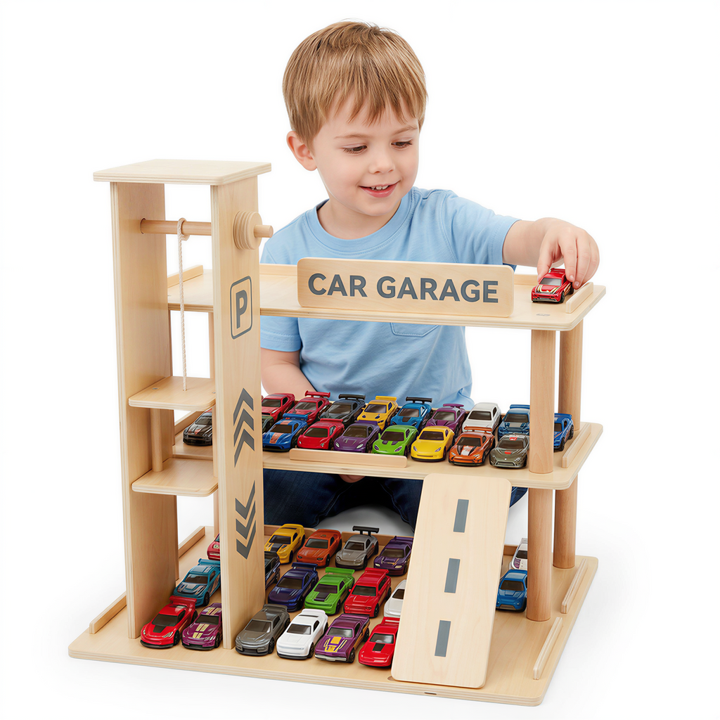 Woodtoe Wooden Display Case for Hot Wheels & Matchbox, 1/64 Scale Diecast Toy Car Display Shelf for 70 Cars, Toy Car Parking Garage Rank with Ramp & Lift, Model Toy Cars Storage Organizer for Kids 3+