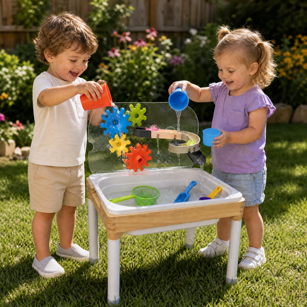 Woodtoe Water Table for Toddlers 1-3, Wooden Sand and Water Table with Removable Legs and Wheels, Sensory Play Activity Table with Foldable Bin, Acrylic Panel & Water Toy, Summer Outdoor Toys for Kids